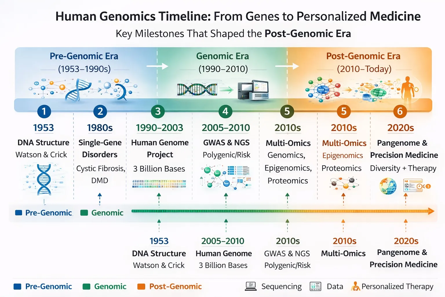 Simple timeline visual of human genomics development